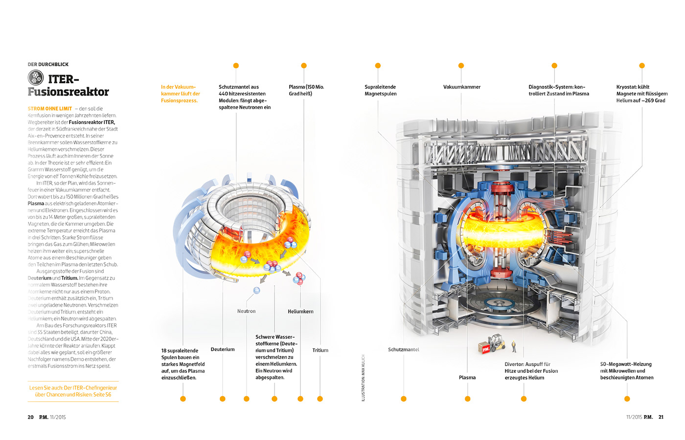 ITER 聚变反应堆剖面 3D 信息图,展示内部组件